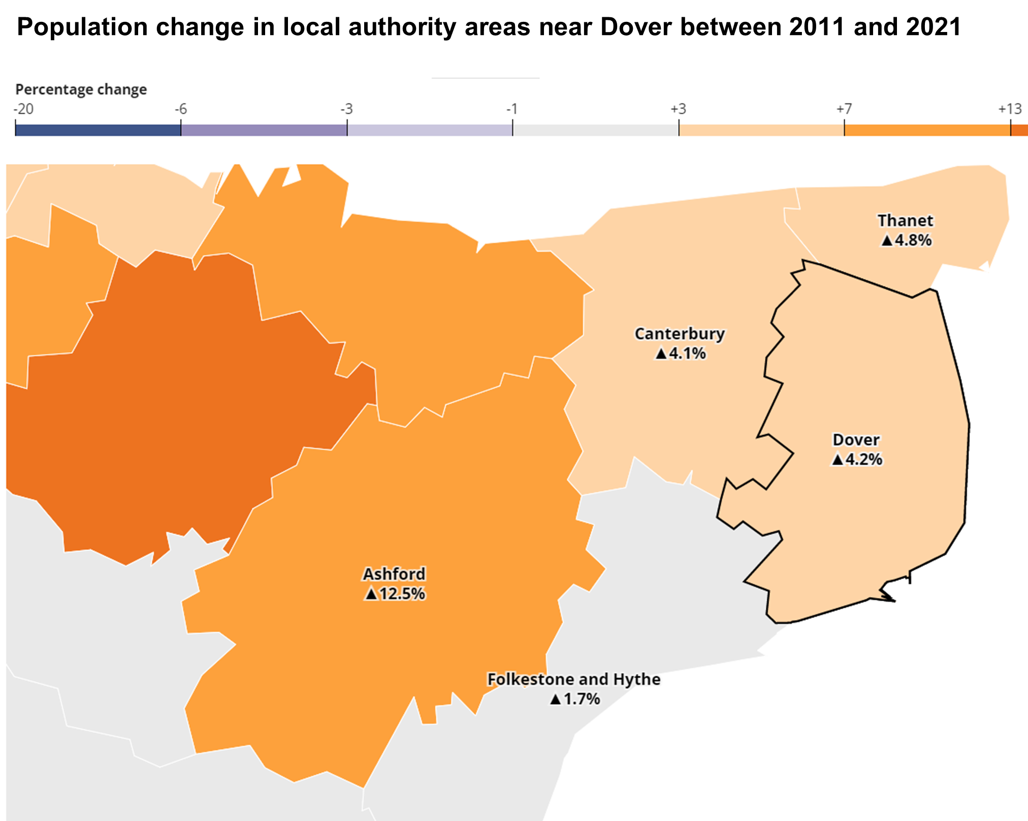 Population change in local authority areas near Dover between 2011 and 2021