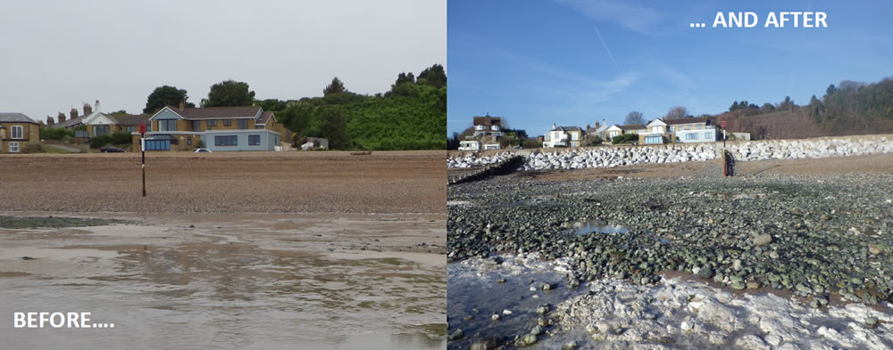 Before and after of the proposed project, showing a newly formed mini cliff to prevent flooding of a home