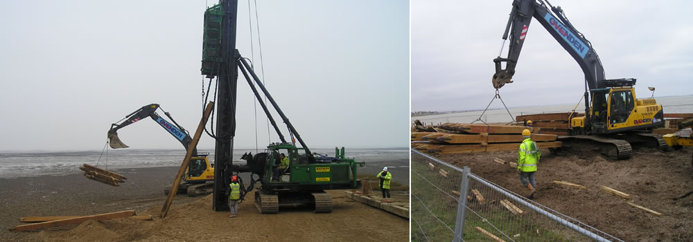 Digger being used to lift large amounts of wood on the beachfront