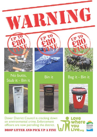 Warning, Up to £80 fines for littering; cigarette butts, dog fouling and general litter