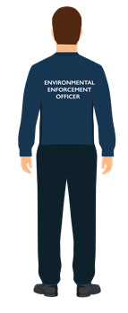 Rear-facing image of Enforcement Officer uniform. Back of navy blue jacket features the words 'ENVIRONMENTAL ENFORCEMENT OFFICER'.