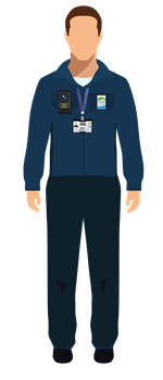 Front-facing image of Enforcement Officer uniform. A navy blue jacket featuring the Dover District Council logo on the front, and black cargo trousers. Uniform includes identification card lanyard and body camera.