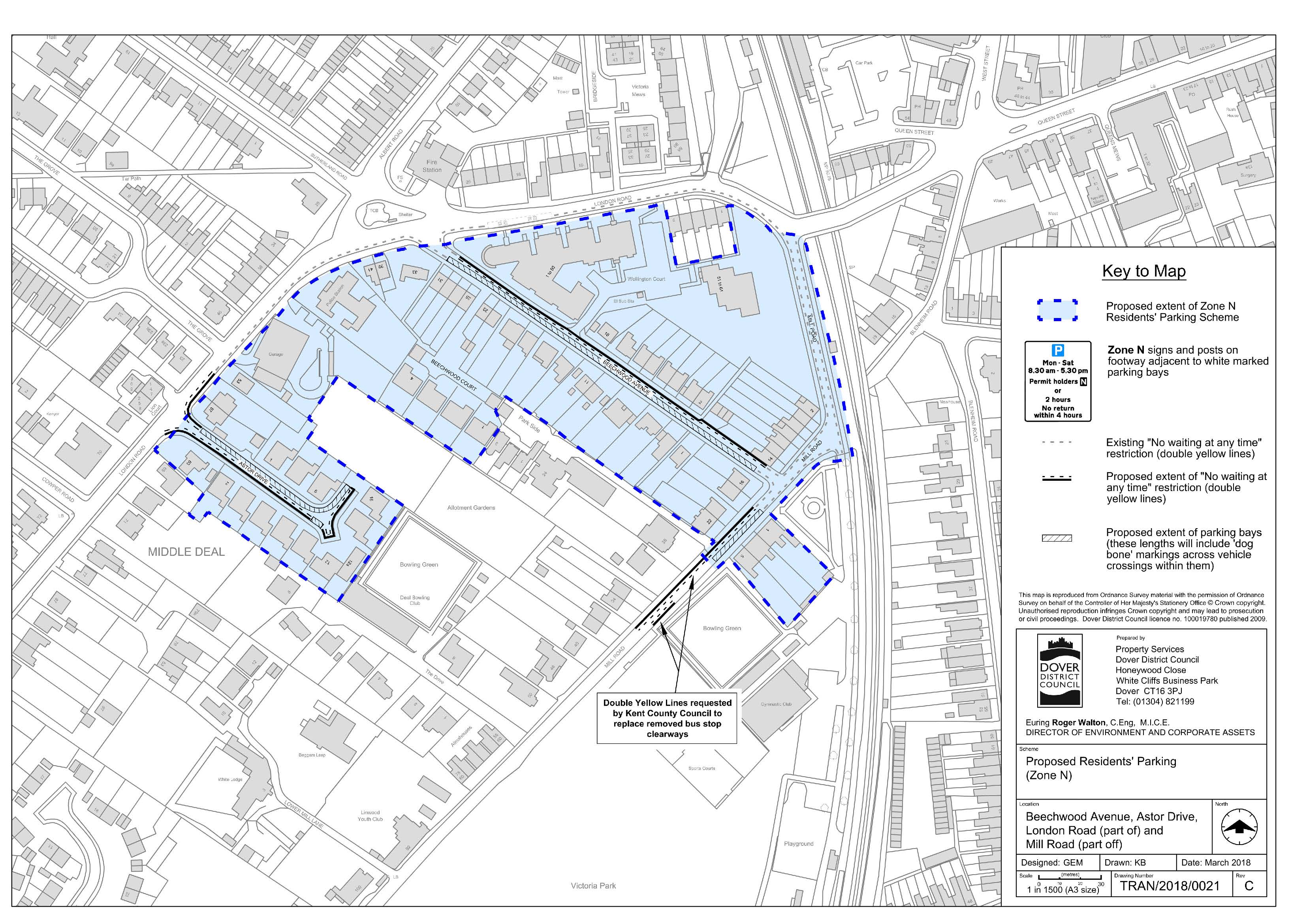 Map of proposed extent of Zone N residents' parking scheme in Deal, Kent. Location: Beechwood Avenue, Astor Drive, London Road (part of) and Mill Road (part of).