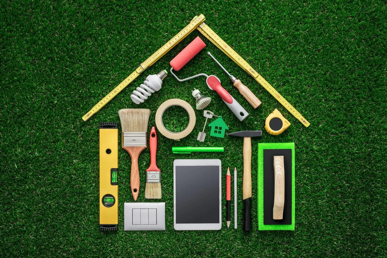 A picture of a house made of tools and household items such as paintbrush, tape measure, screwdriver, keys, tablet and pencils