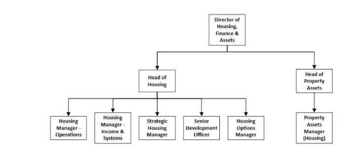 Housing management structure:
Director of housing, finance and assets
Head of housing
Housing manager - operations
Housing manager - income and systems
Strategic housing manager
Senior development officer
Housing options manager
Head of property assets
Property assets manager (housing)