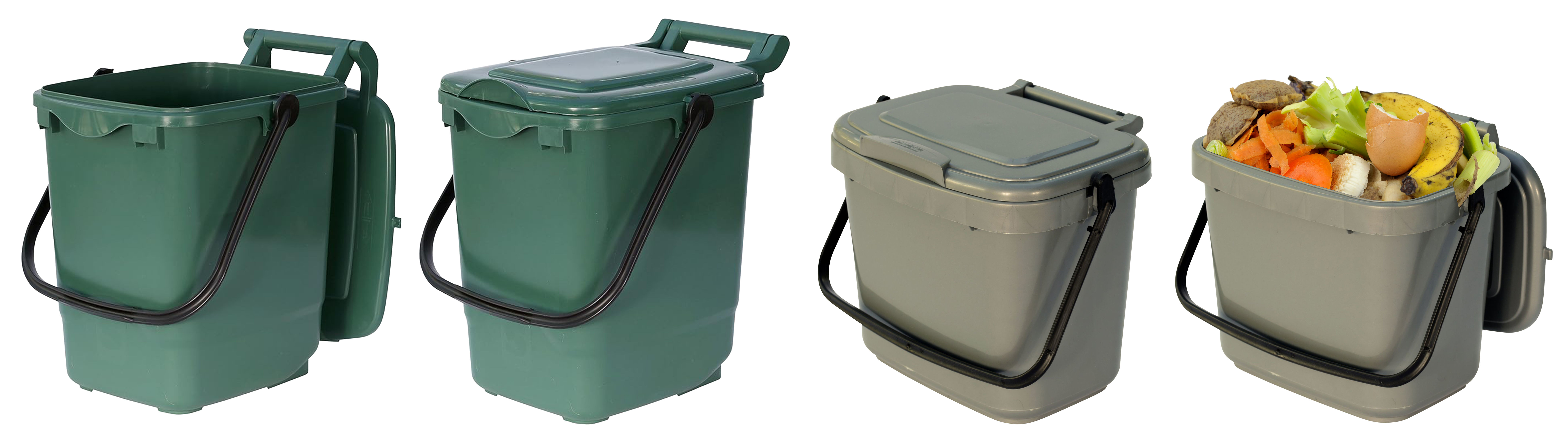 Two green outdoor food containers, a grey food caddy with the lid shut and a grey food caddy containing food waste.