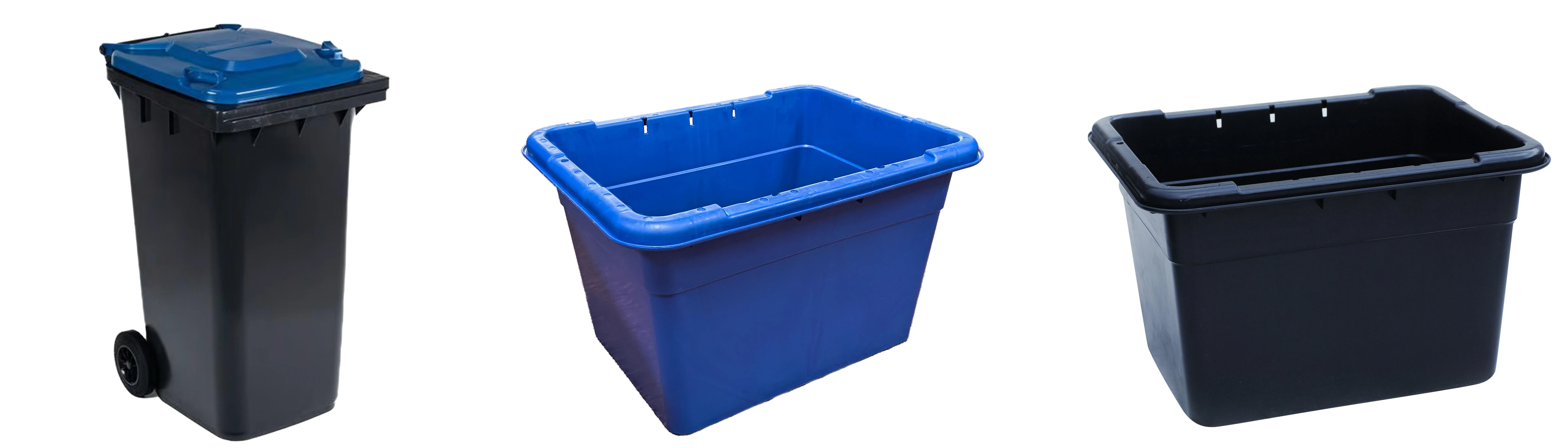 A blue-lidded recycling bin, blue recycling box and black paper/card recycling box